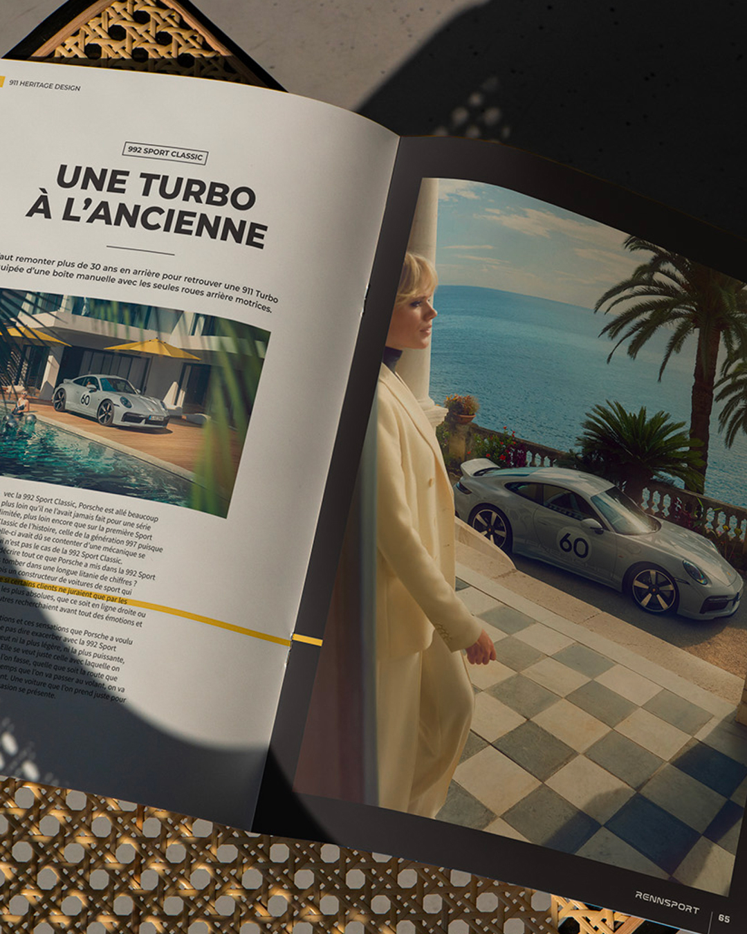 Double page du magazine Rennsport présentant la 992 Sport Classic. Direction artistique et design éditorial par Pois Chiche Design à Lorient pour Porsche.