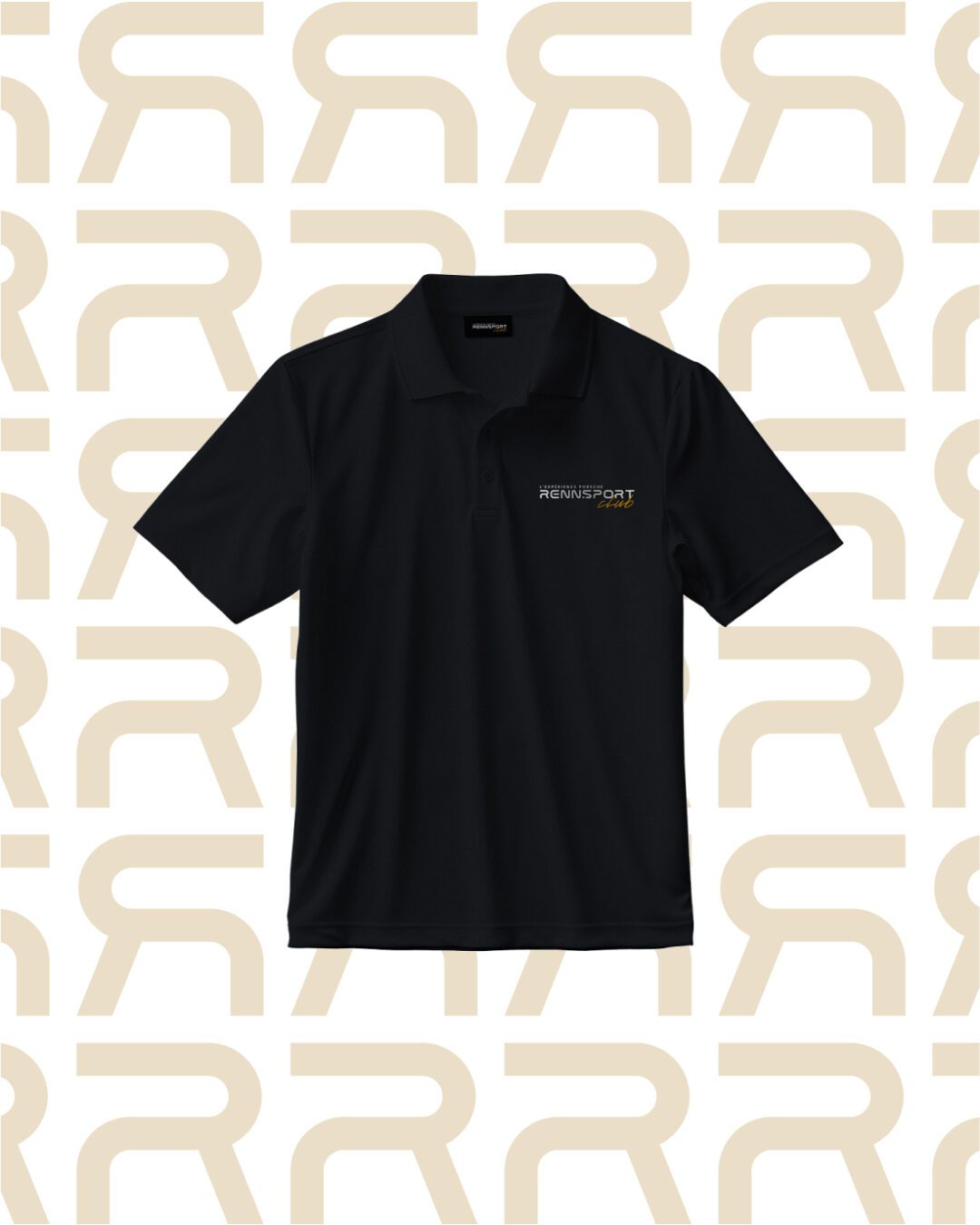 Polo noir siglé Rennsport sur fond de monogrammes “R”. Design produit et identité visuelle réalisés par Pois Chiche Design à Lorient pour Porsche.
