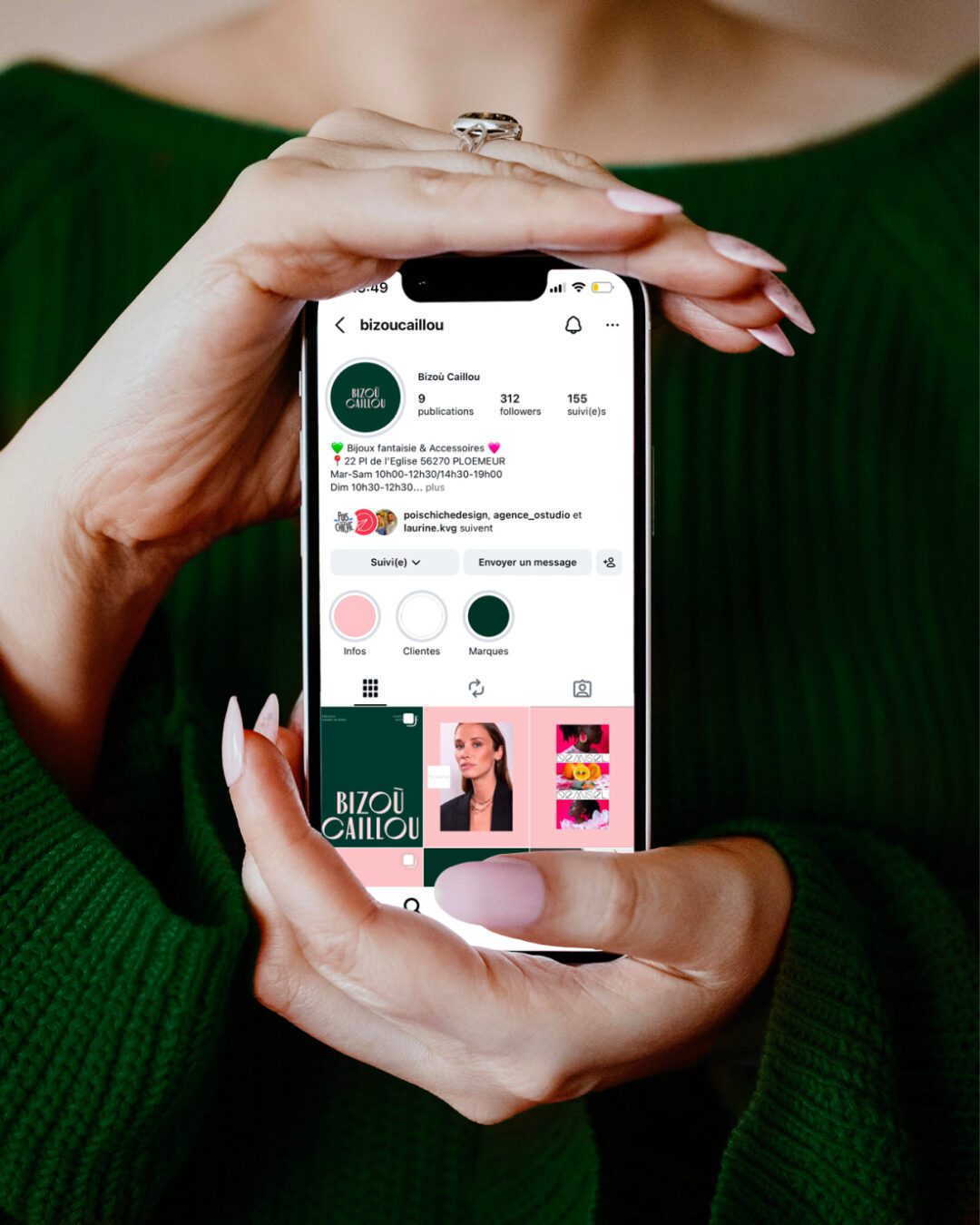 Compte Instagram Bizou Caillou – communication digitale et identité visuelle créées par Pois Chiche Design à Lorient pour la bijouterie de Ploemeur.