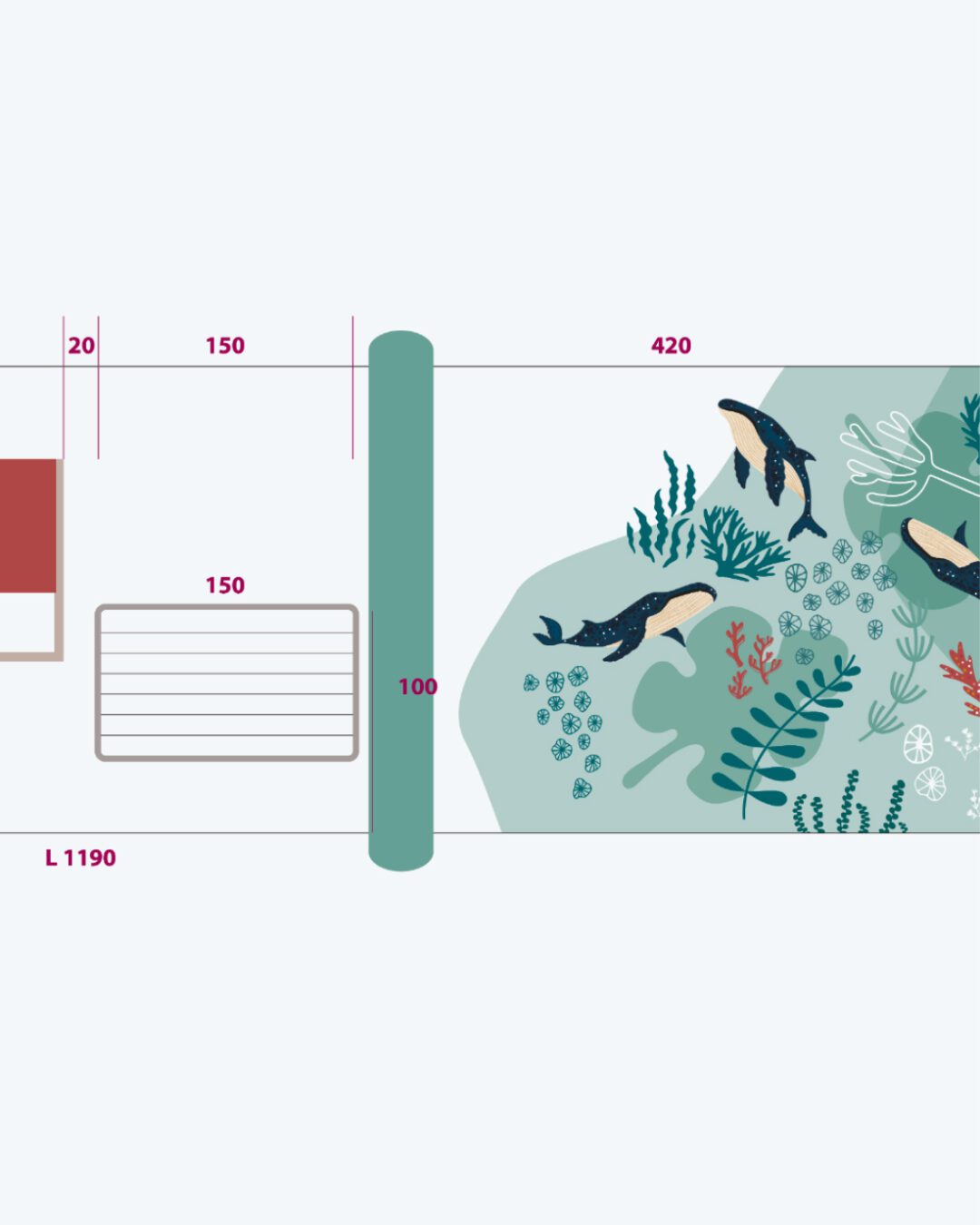 Plan mural du Centre Kerpape avec illustration sous-marine : baleines, algues et coraux conçus par Pois Chiche Design.