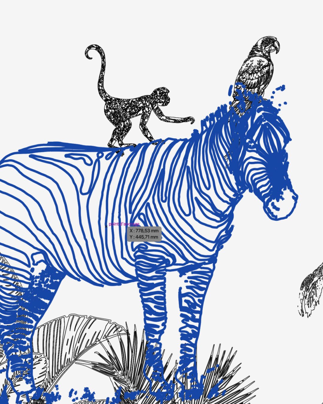 Illustration d’une scène animalière pour Kerpape : zèbre, singe et perroquet dessinés à la main par Pois Chiche Design.