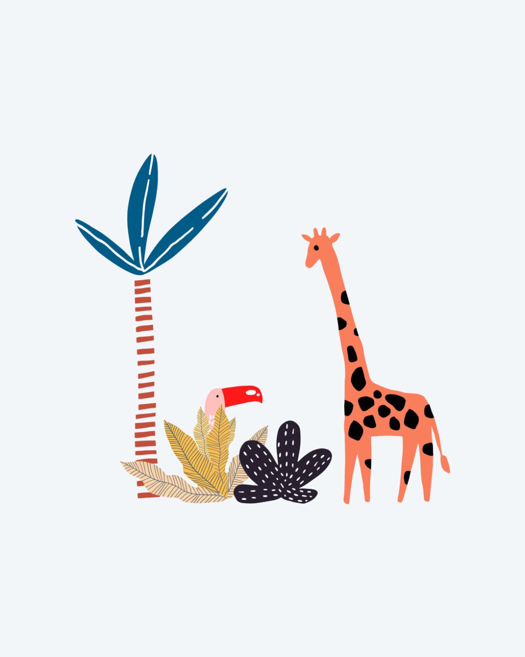 Illustration enfantine pour Kerpape : girafe, toucan, plantes et palmier stylisés par Pois Chiche Design.
