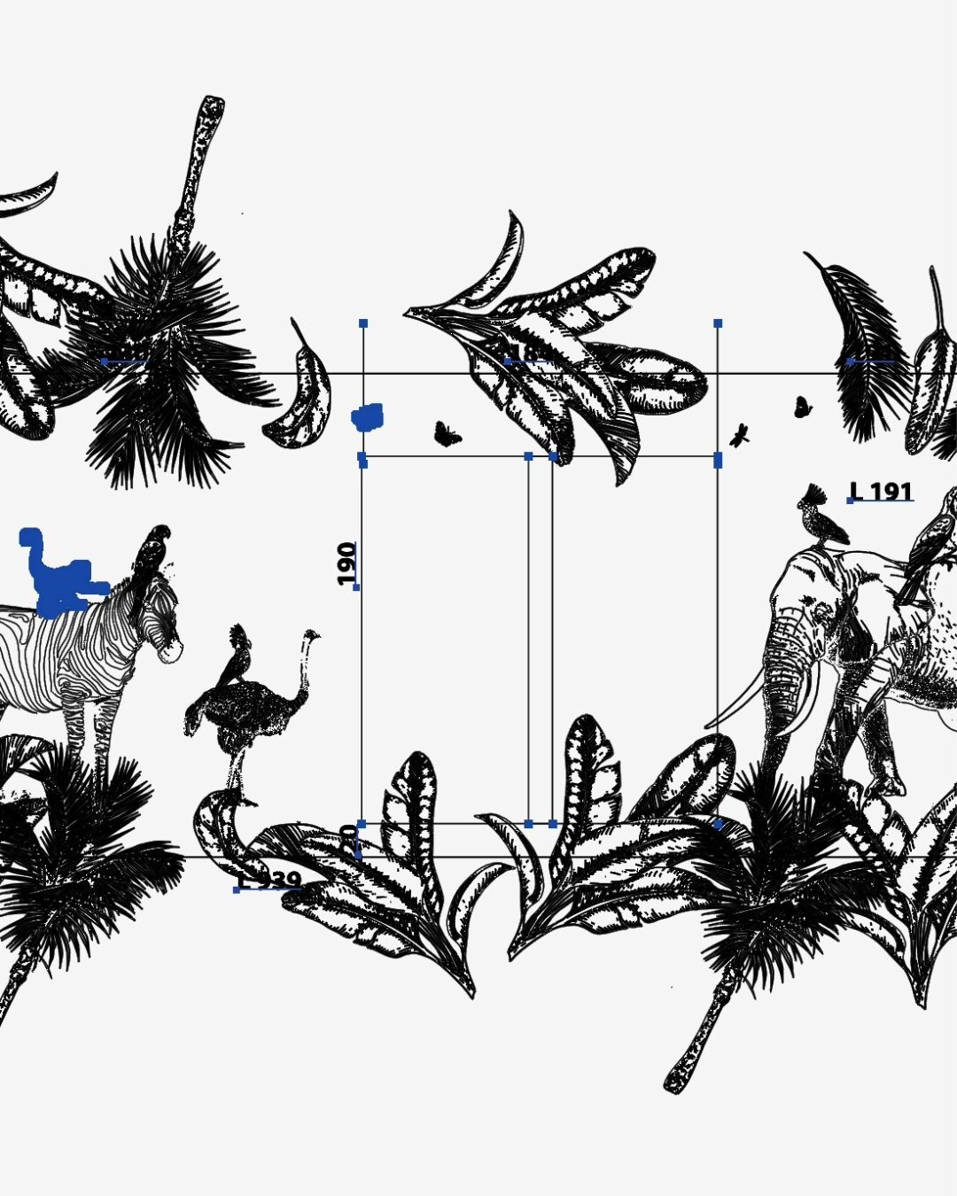 Illustration noir et blanc pour les fresques du Centre Kerpape, motifs végétaux et animaux réalisés par Pois Chiche Design.