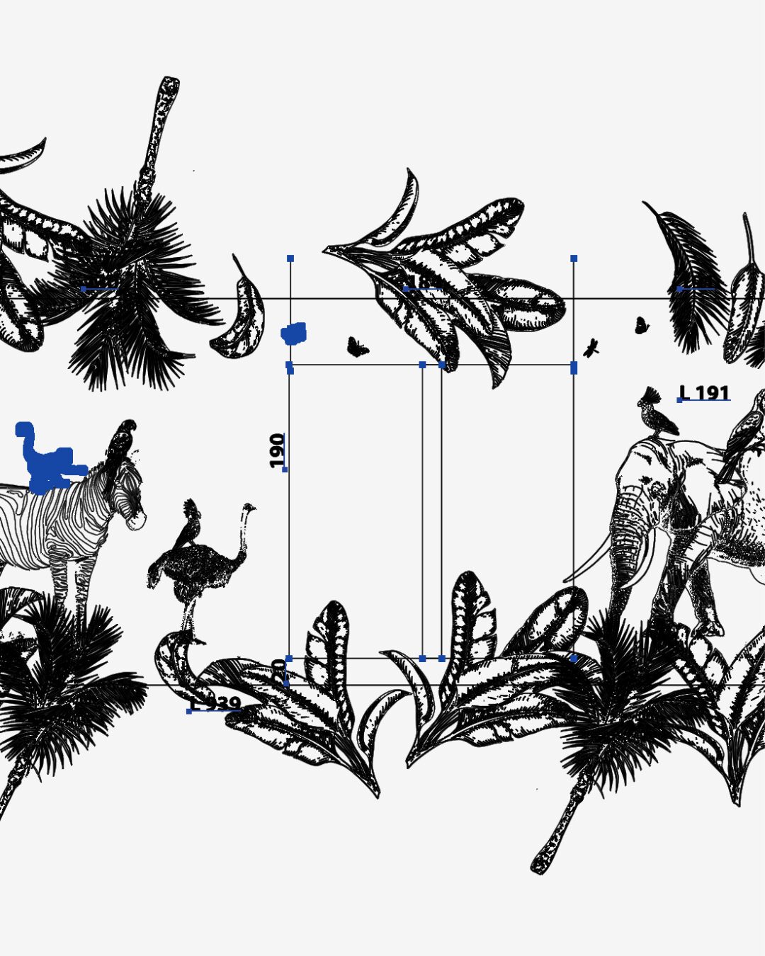 Illustration noir et blanc pour les fresques du Centre Kerpape, motifs végétaux et animaux réalisés par Pois Chiche Design.