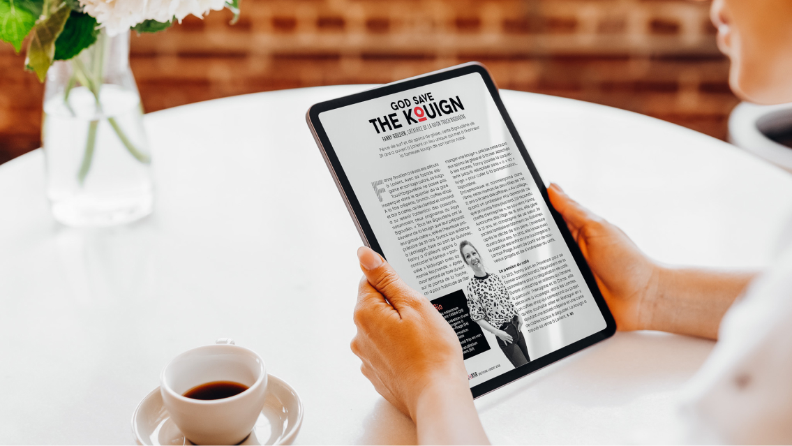 Article de presse sur Lã Kuign intitulé “God Save The Kuign”, consulté sur une tablette, projet d’identité signé Pois Chiche Design à Lorient.
