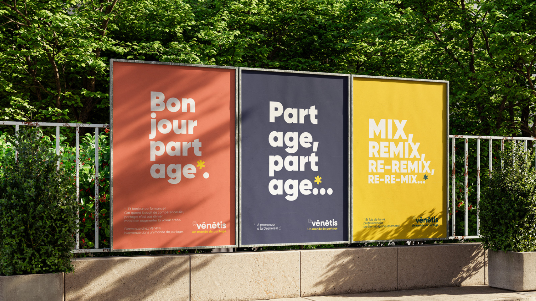 Campagne d’affichage Vénétis conçue par Pois Chiche Design à Lorient — série de posters colorés illustrant le message de marque autour du partage inter-entreprises.