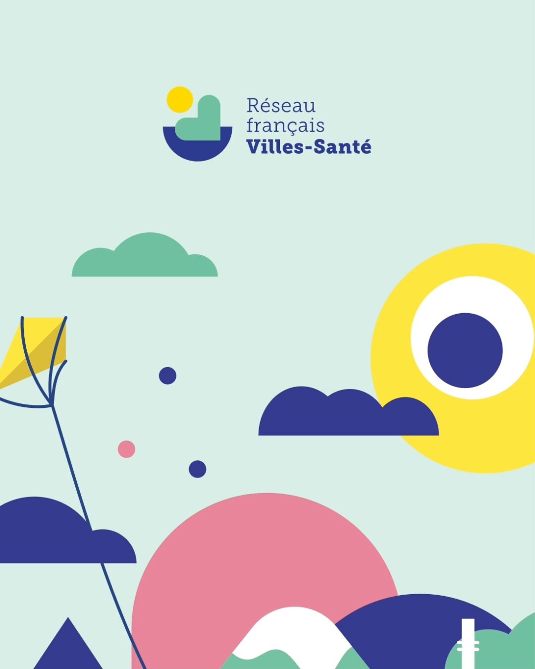 Illustration représentant une ville favorable à la santé, mêlant nature, habitat et mobilités douces.