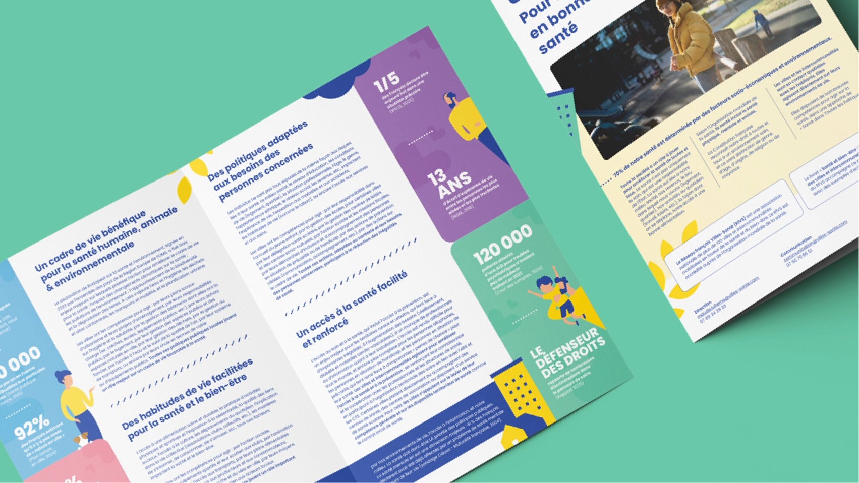 Plaquette print institutionnelle du Réseau français Villes-Santé conçue par Pois Chiche Design.