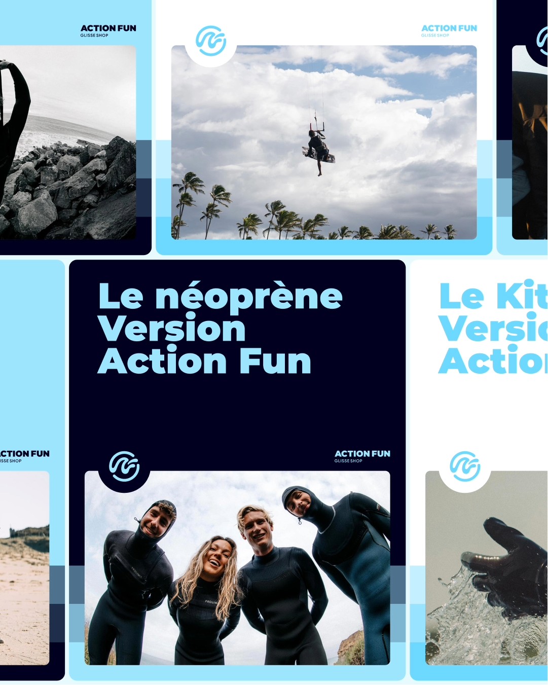 Campagne visuelle Action Fun déclinée pour réseaux sociaux et supports digitaux du glisse shop à Lorient