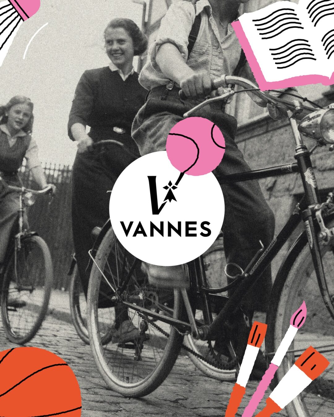 Affiche mêlant une photographie d’archives en noir et blanc aux formes graphiques de la campagne