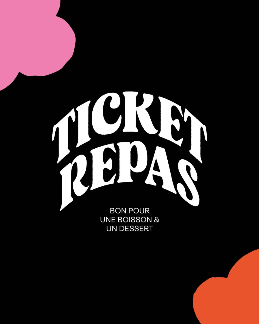 Face noire du ticket repas avec lettrage blanc et éléments graphiques roses